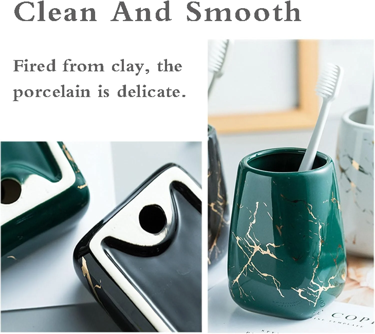 ست لوازم جانبی سرامیکی حمام، ست لوازم جانبی حمام، ست لوازم لوکس حمام، ست لوازم بهداشتی رزینی حمام، طرح مرمر، برای لوازم جانبی روی میز روشویی حمام