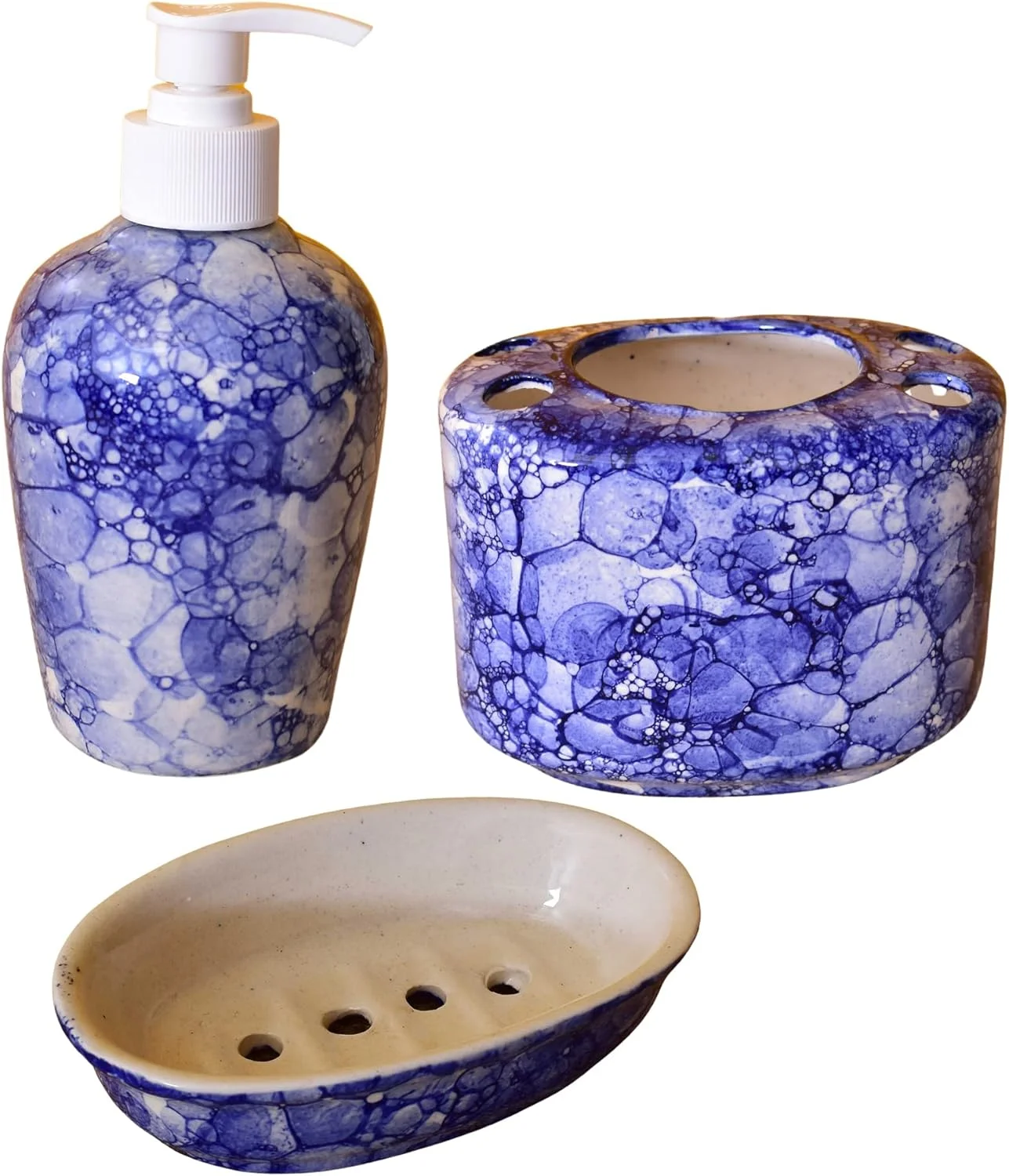 ست لوازم جانبی سرامیکی حمام KunhaR، آبی براق (ظرف مایع صابون، جا صابونی، جا مسواکی)