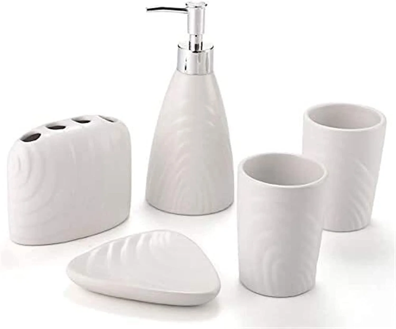 ست لوازم جانبی حمام 5 تکه سفید سرامیکی شامل جای مایع دستشویی، جا مسواکی، لیوان مسواک، مناسب برای دکور حمام و هتل