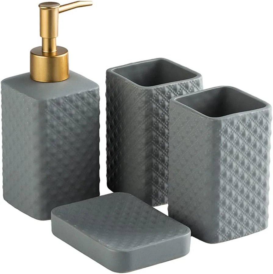 ست کامل لوازم جانبی سرامیکی حمام، طراحی مدرن، 4 تکه، شامل بطری لوسیون، جا مسواکی، لیوان و جا صابونی (آبی مات)