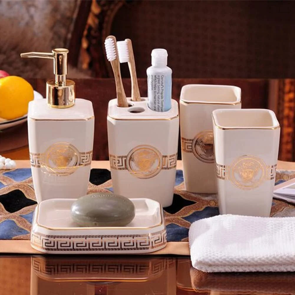 ست لوازم جانبی حمام 5 تکه سرامیکی سفید، شامل جا مایع لوسیون، جا مسواکی، جا صابونی و لیوان
