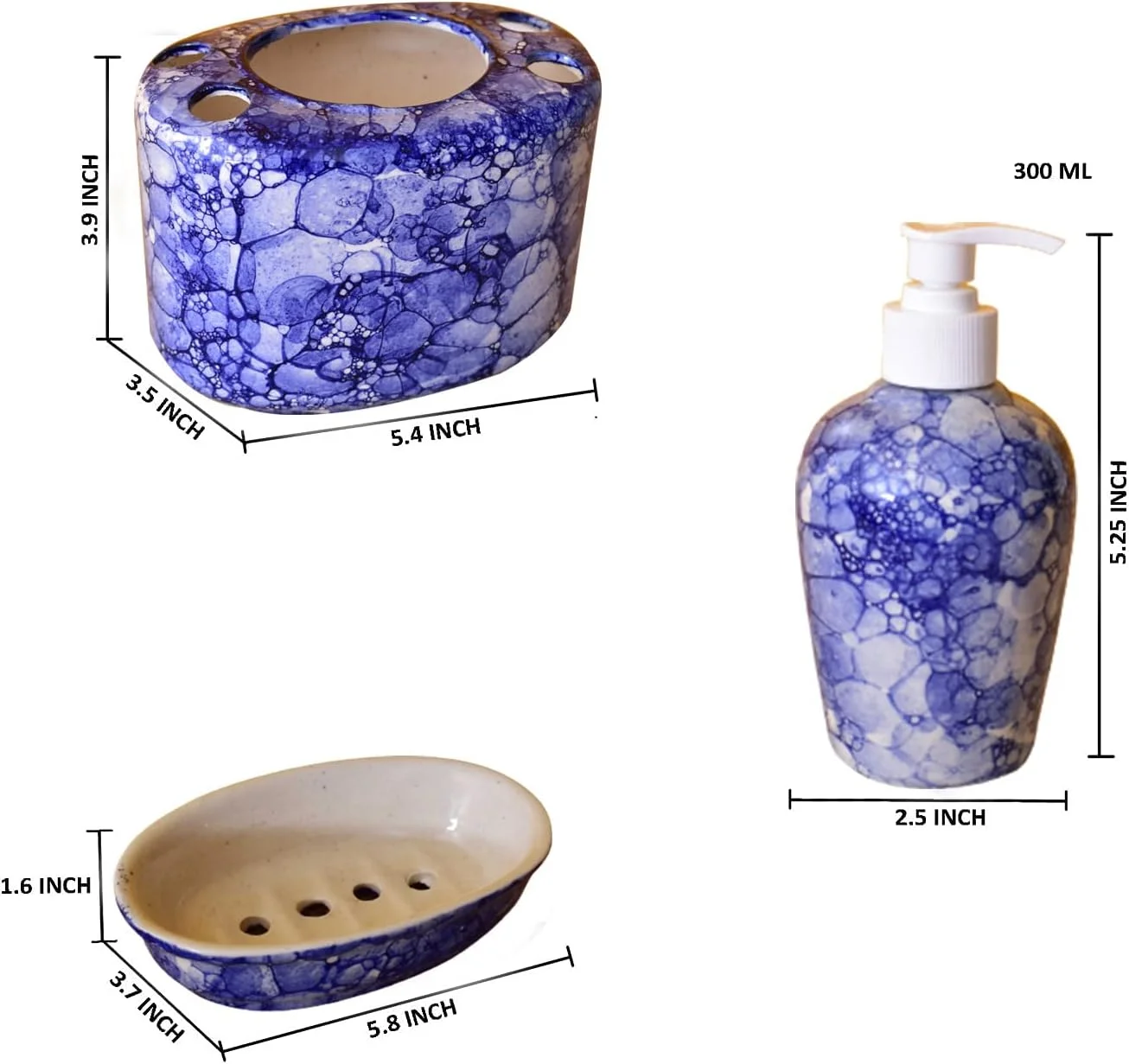 ست لوازم جانبی سرامیکی حمام KunhaR، آبی براق (ظرف مایع صابون، جا صابونی، جا مسواکی)