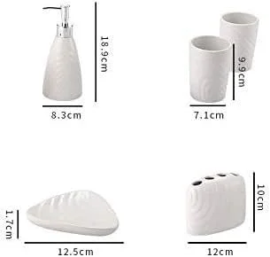 ست لوازم جانبی حمام 5 تکه سفید سرامیکی شامل جای مایع دستشویی، جا مسواکی، لیوان مسواک، مناسب برای دکور حمام و هتل