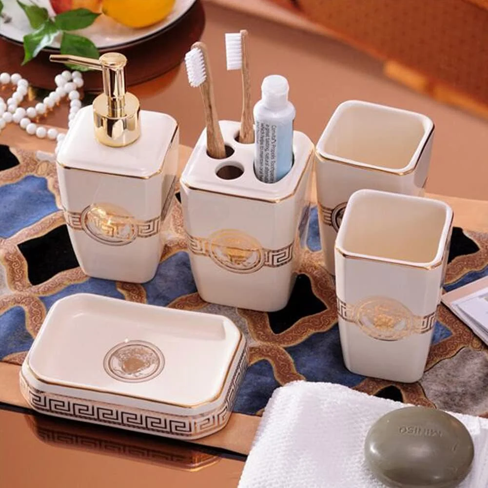 ست لوازم جانبی حمام 5 تکه سرامیکی سفید، شامل جا مایع لوسیون، جا مسواکی، جا صابونی و لیوان