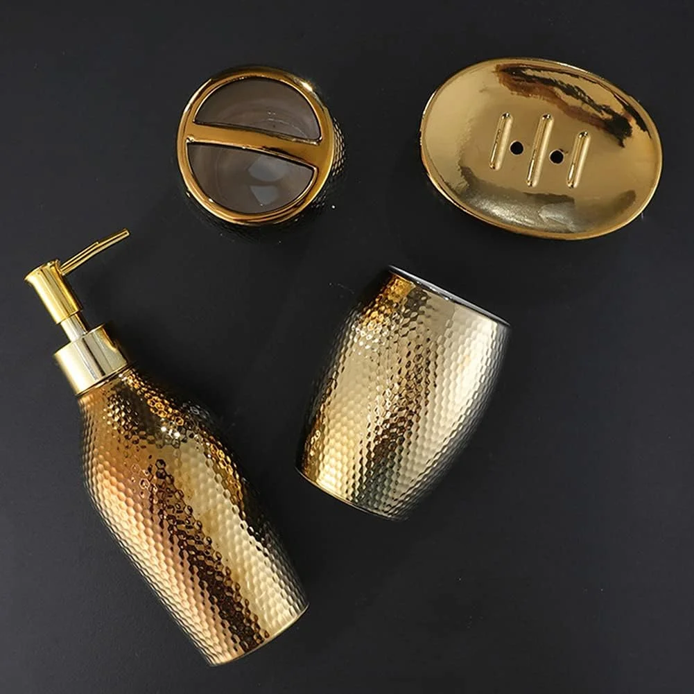 ست لوازم جانبی حمام طلایی، ست شستشوی سرامیکی 4 تکه شامل جا مایع لوسیون، جا مسواکی، لیوان و جا صابونی