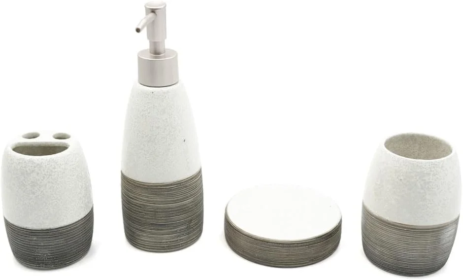 ست لوازم جانبی سرامیکی 4 تکه راه راه ساده سفید و مشکی برای حمام، پرداخت مات ظریف با جا مایع صابون، جا مسواکی، لیوان و جا صابونی، طراحی بافت دار دو رنگ برای حمام مدرن ست لوازم جانبی سرامیکی 4 تکه راه راه ساده سفید و مشکی برای حمام، پرداخت مات ظریف با جا مایع صابون، جا مسواکی، لیوان و جا صابونی، طراحی بافت دار دو رنگ برای حمام مدرن