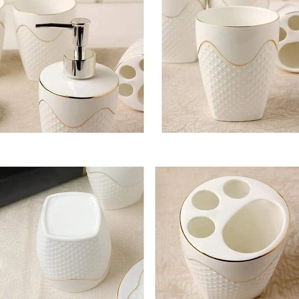 ست لوازم جانبی حمام سرامیکی خلاقانه 5 تکه شامل جا مایع دستشویی، جا مسواکی، لیوان و جا صابونی، مناسب برای هر خانه. ست لوازم جانبی حمام سرامیکی خلاقانه 5 تکه شامل جا مایع دستشویی، جا مسواکی، لیوان و جا صابونی، مناسب برای هر خانه.