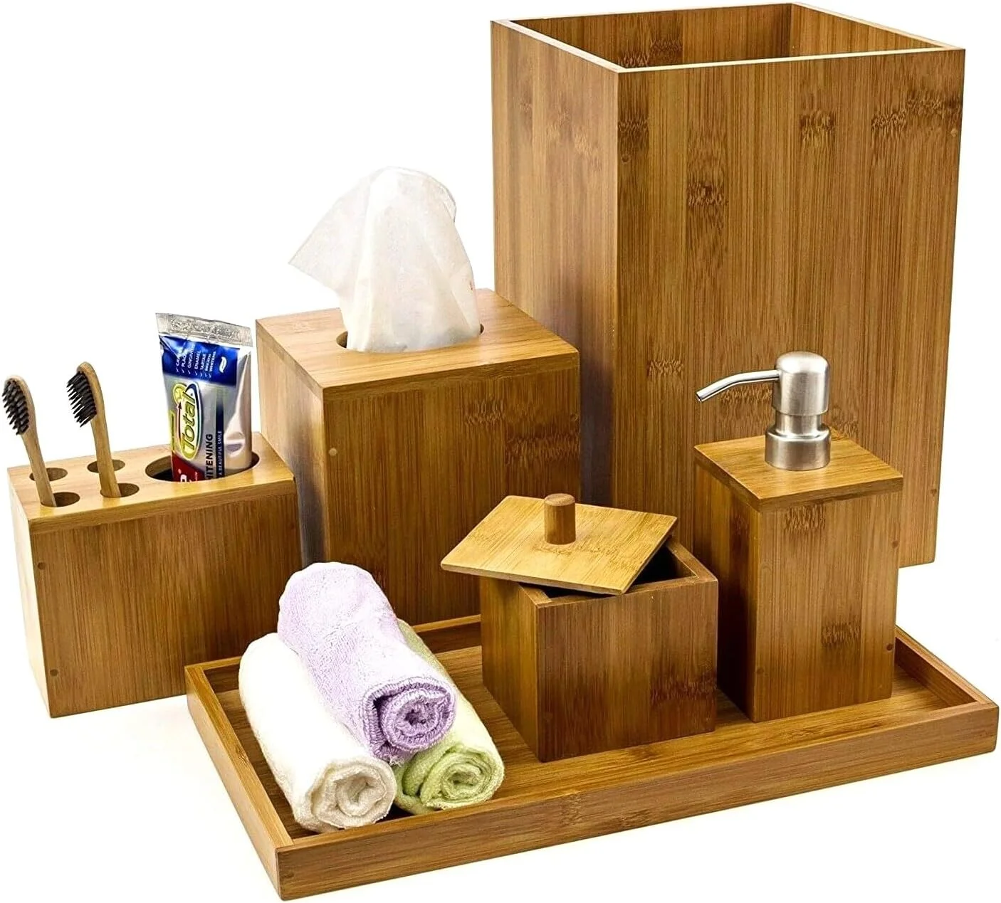 ست لوازم جانبی حمام 6 تکه بامبو شامل جای مایع دستشویی، جا صابونی، جا مسواکی، سینی، سطل زباله و سینی، ست حمام جمع و جور، رنگ طبیعی ست لوازم جانبی حمام 6 تکه بامبو شامل جای مایع دستشویی، جا صابونی، جا مسواکی، سینی، سطل زباله و سینی، ست حمام جمع و جور، رنگ طبیعی