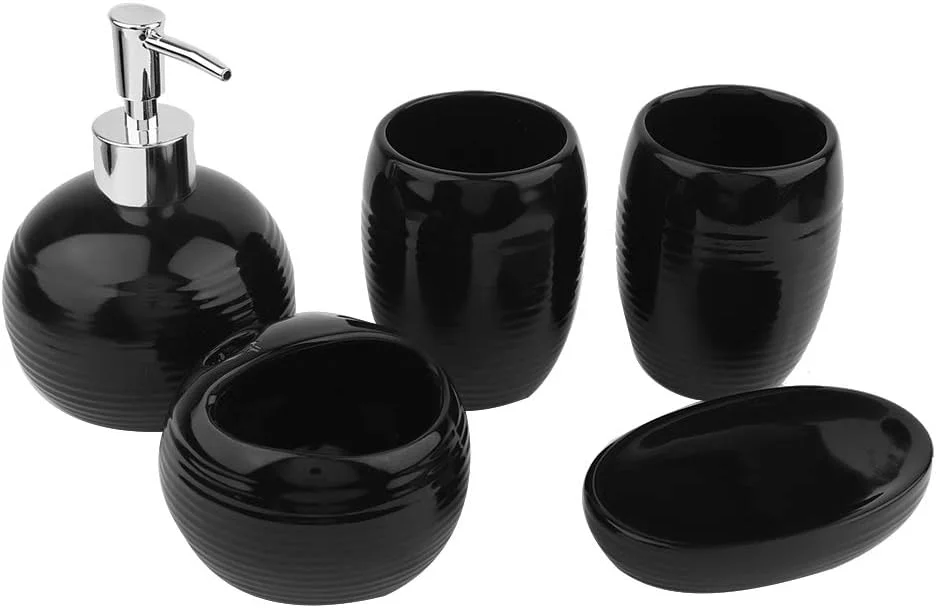 ست لوازم جانبی حمام 5 تکه، شامل بطری امولسیون، جا مسواکی، جا صابونی و 2 عدد لیوان دهانشویه، ست حمام مدرن (مشکی) ست لوازم جانبی حمام 5 تکه، شامل بطری امولسیون، جا مسواکی، جا صابونی و 2 عدد لیوان دهانشویه، ست حمام مدرن (مشکی)