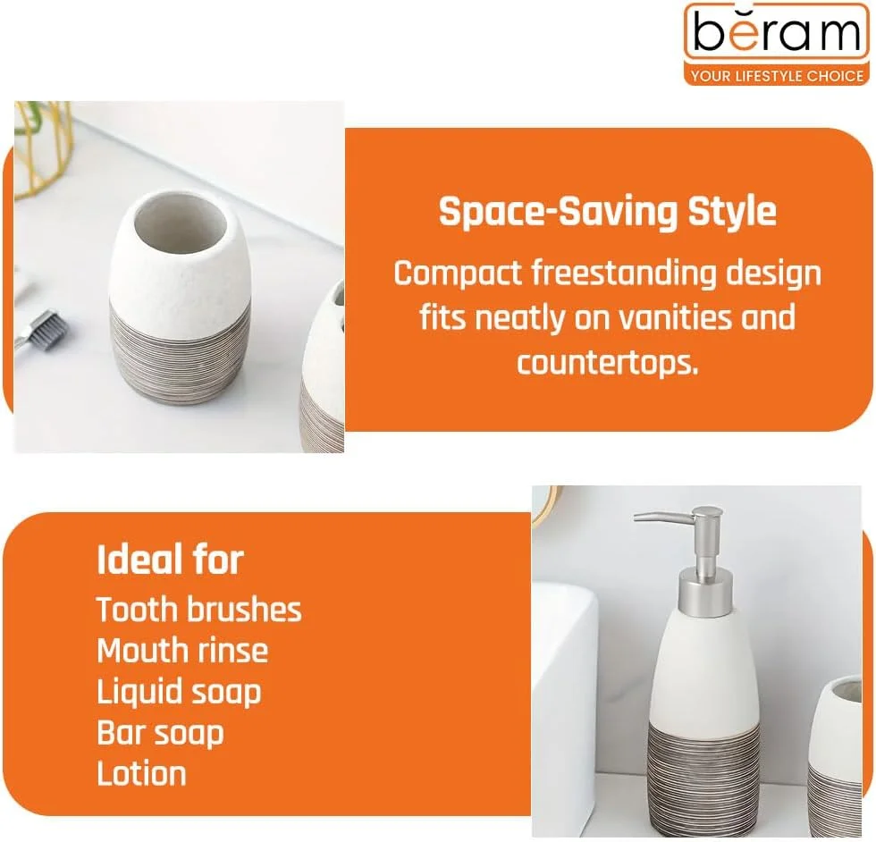 ست لوازم جانبی سرامیکی 4 تکه راه راه ساده سفید و مشکی برای حمام، پرداخت مات ظریف با جا مایع صابون، جا مسواکی، لیوان و جا صابونی، طراحی بافت دار دو رنگ برای حمام مدرن