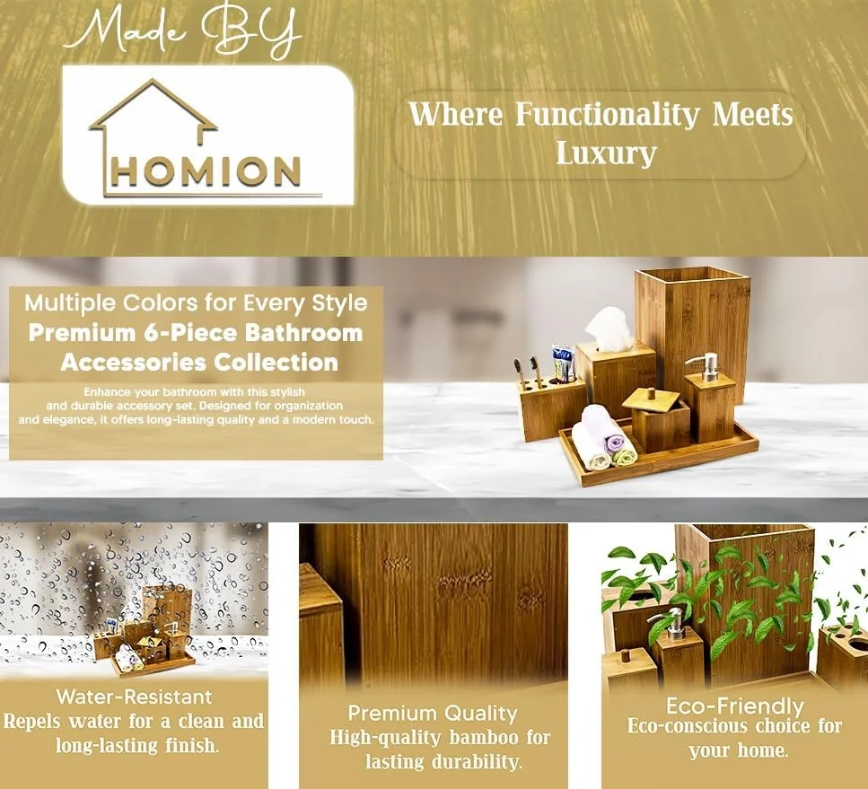 ست لوازم جانبی حمام 6 تکه بامبو شامل جای مایع دستشویی، جا صابونی، جا مسواکی، سینی، سطل زباله و سینی، ست حمام جمع و جور، رنگ طبیعی ست لوازم جانبی حمام 6 تکه بامبو شامل جای مایع دستشویی، جا صابونی، جا مسواکی، سینی، سطل زباله و سینی، ست حمام جمع و جور، رنگ طبیعی