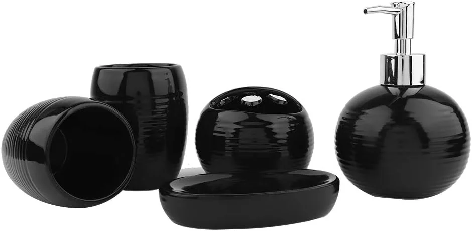 ست لوازم جانبی حمام 5 تکه، شامل بطری امولسیون، جا مسواکی، جا صابونی و 2 عدد لیوان دهانشویه، ست حمام مدرن (مشکی) ست لوازم جانبی حمام 5 تکه، شامل بطری امولسیون، جا مسواکی، جا صابونی و 2 عدد لیوان دهانشویه، ست حمام مدرن (مشکی)