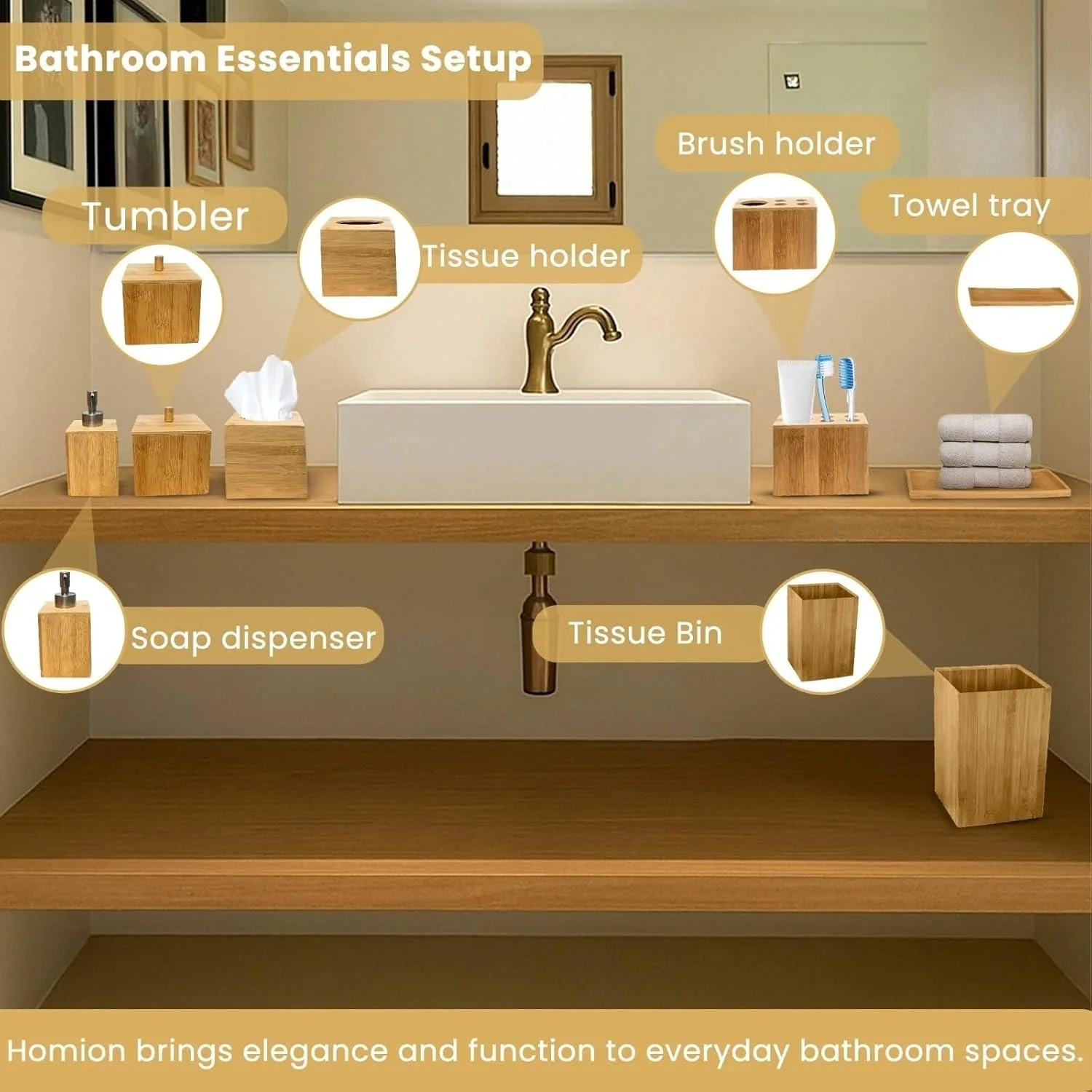 ست لوازم جانبی حمام 6 تکه بامبو شامل جای مایع دستشویی، جا صابونی، جا مسواکی، سینی، سطل زباله و سینی، ست حمام جمع و جور، رنگ طبیعی ست لوازم جانبی حمام 6 تکه بامبو شامل جای مایع دستشویی، جا صابونی، جا مسواکی، سینی، سطل زباله و سینی، ست حمام جمع و جور، رنگ طبیعی