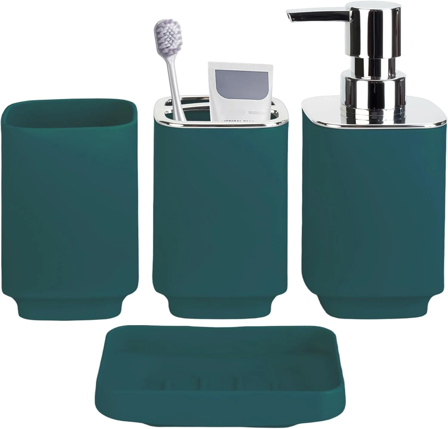 ست لوازم جانبی حمام، ست پلاستیکی مربعی 4 تکه شامل جای مایع دستشویی، جا صابونی، جا مسواکی، لیوان دهانشویه، ست دکور مدرن حمام، صرفه جویی در فضا برای حمام (زمردی)