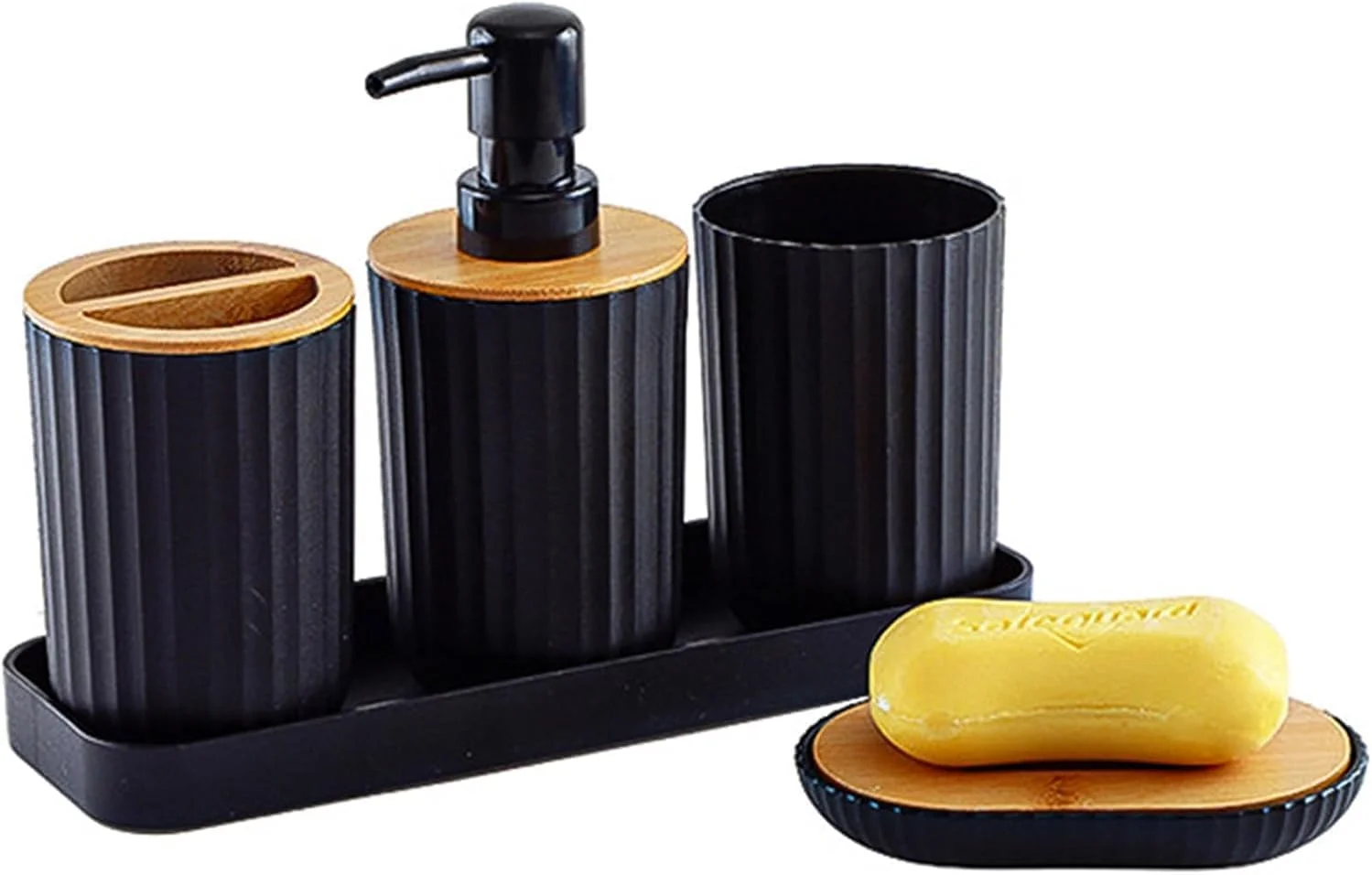 ست لوازم جانبی حمام 5 تکه، شامل جا مایع دستشویی، جا صابونی، لیوان مسواک، لیوان دهانشویه، جعبه نگهداری، با روکش مشکی و چوب