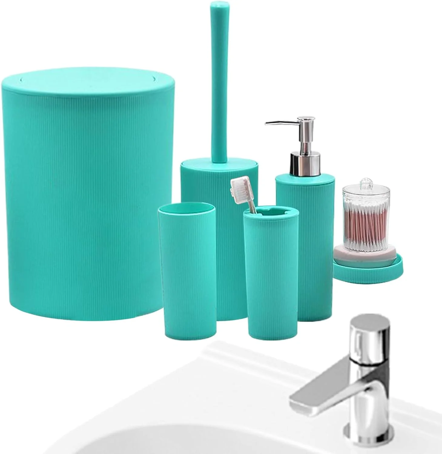 ست لوازم جانبی حمام، ست جا مایع لوسیون و سطل زباله حمام - 7 تکه لوازم حمام رومیزی صرفه جویی در فضا برای سرویس بهداشتی، مسافرت، هتل، سفر، فضای باز، خانه
