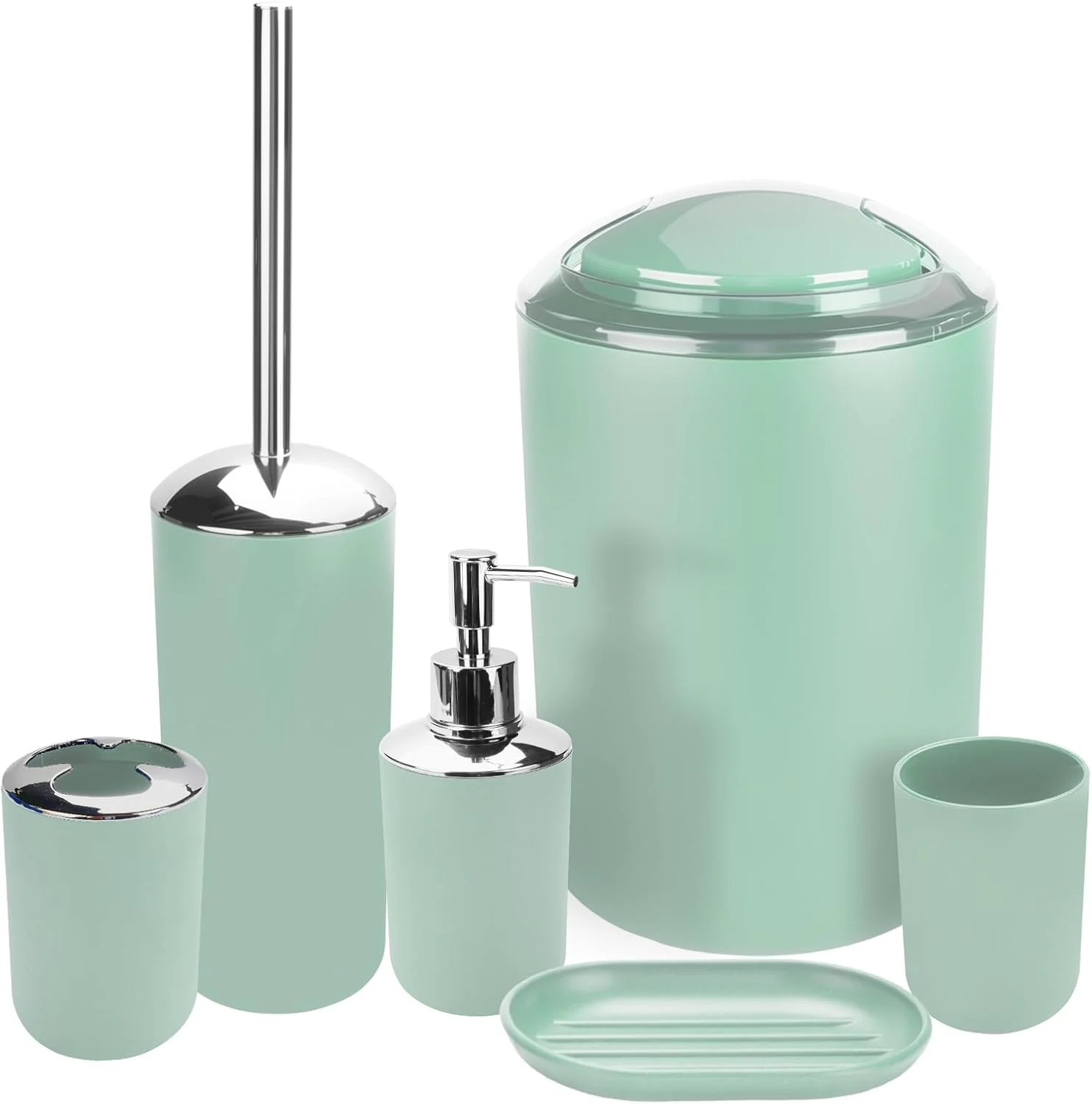 ست لوازم جانبی حمام، ست پلاستیکی 6 تکه شامل جا مایع صابون، جا صابونی، جا مسواکی، لیوان دهانشویه، برس توالت و جا برسی، سطل زباله، ست دکور مدرن حمام (سبز مات)