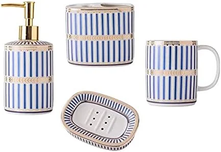 ست لوازم جانبی حمام 5 تکه شامل جای مایع دستشویی، جا مسواکی، لیوان دهانشویه و جا صابونی، مناسب برای هر خانه.