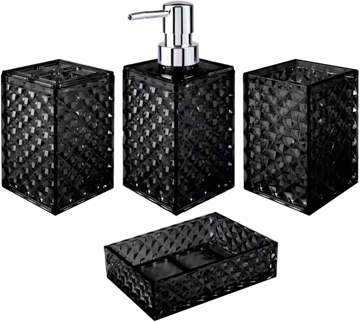 ست لوازم جانبی حمام، طرح شبکه ای، ست 4 تکه پلاستیکی شامل جای مایع دستشویی، جای صابون، جا مسواکی، لیوان دهانشویه، ست دکور مدرن حمام، صرفه جویی در فضا برای حمام (مشکی)