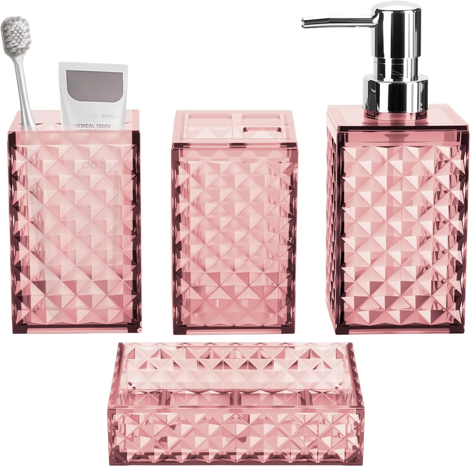 ست لوازم جانبی حمام، طرح شبکه ای 4 تکه پلاستیکی شامل جای مایع صابون، جای صابون، جا مسواکی، لیوان دهانشویه، ست دکور حمام مدرن (صورتی)