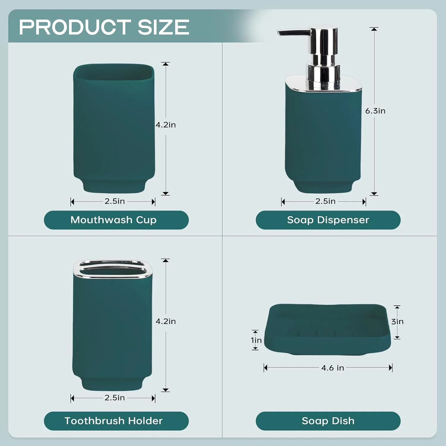 ست لوازم جانبی حمام، ست پلاستیکی مربعی 4 تکه شامل جای مایع دستشویی، جا صابونی، جا مسواکی، لیوان دهانشویه، ست دکور مدرن حمام، صرفه جویی در فضا برای حمام (زمردی)