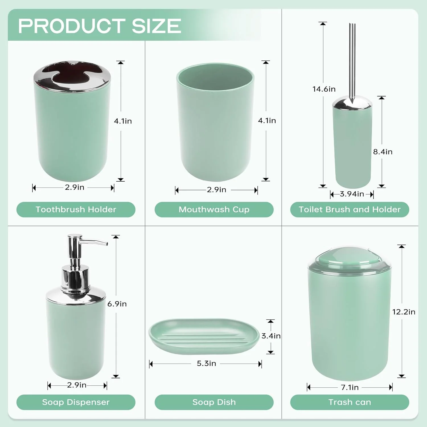 ست لوازم جانبی حمام، ست پلاستیکی 6 تکه شامل جا مایع صابون، جا صابونی، جا مسواکی، لیوان دهانشویه، برس توالت و جا برسی، سطل زباله، ست دکور مدرن حمام (سبز مات)