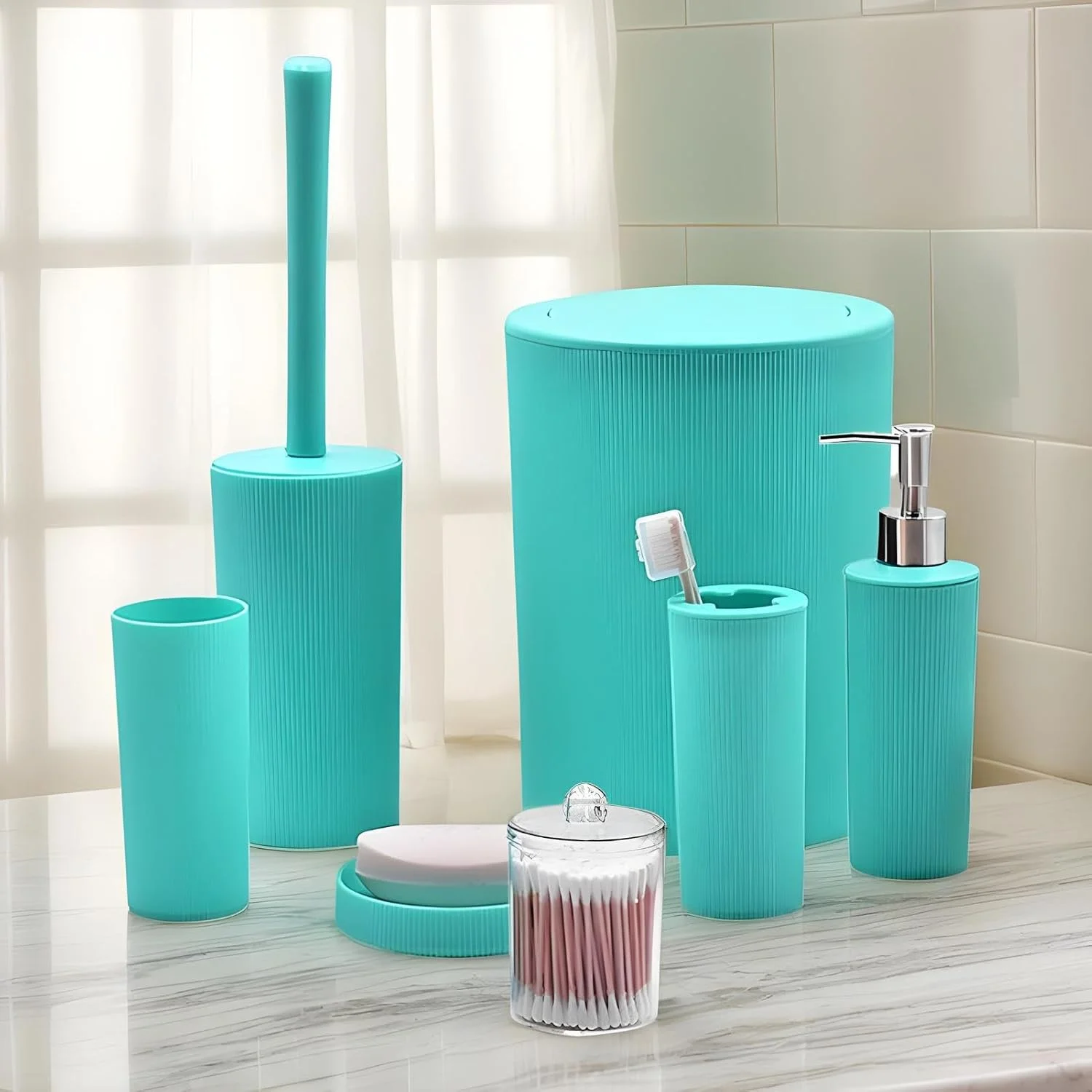 ست لوازم جانبی حمام، ست جا مایع لوسیون و سطل زباله حمام - 7 تکه لوازم حمام رومیزی صرفه جویی در فضا برای سرویس بهداشتی، مسافرت، هتل، سفر، فضای باز، خانه