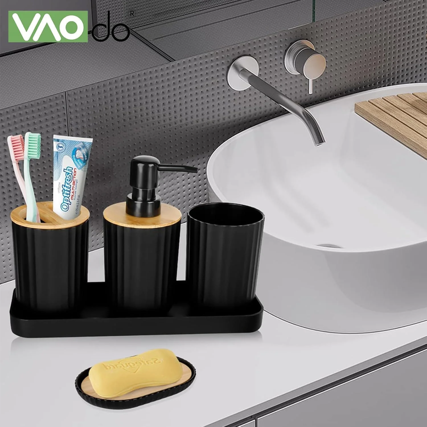 ست لوازم جانبی حمام 5 تکه، شامل جا مایع دستشویی، جا صابونی، لیوان مسواک، لیوان دهانشویه، جعبه نگهداری، با روکش مشکی و چوب