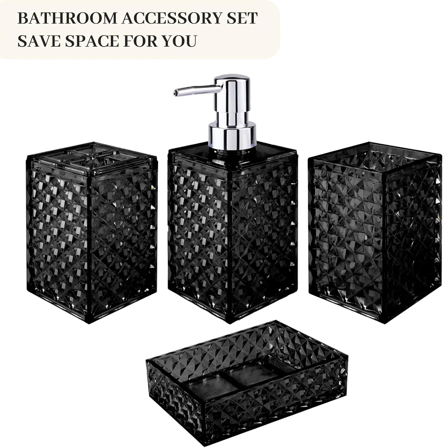ست لوازم جانبی حمام، طرح شبکه ای، ست 4 تکه پلاستیکی شامل جای مایع دستشویی، جای صابون، جا مسواکی، لیوان دهانشویه، ست دکور مدرن حمام، صرفه جویی در فضا برای حمام (مشکی)