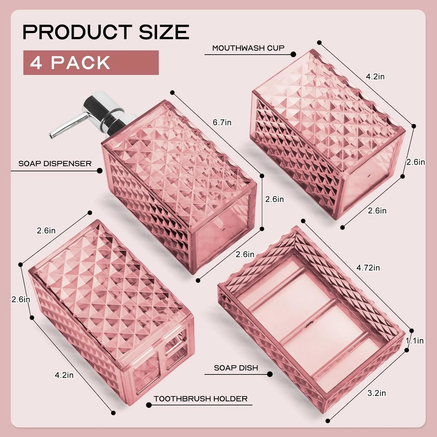 ست لوازم جانبی حمام، طرح شبکه ای 4 تکه پلاستیکی شامل جای مایع صابون، جای صابون، جا مسواکی، لیوان دهانشویه، ست دکور حمام مدرن (صورتی)