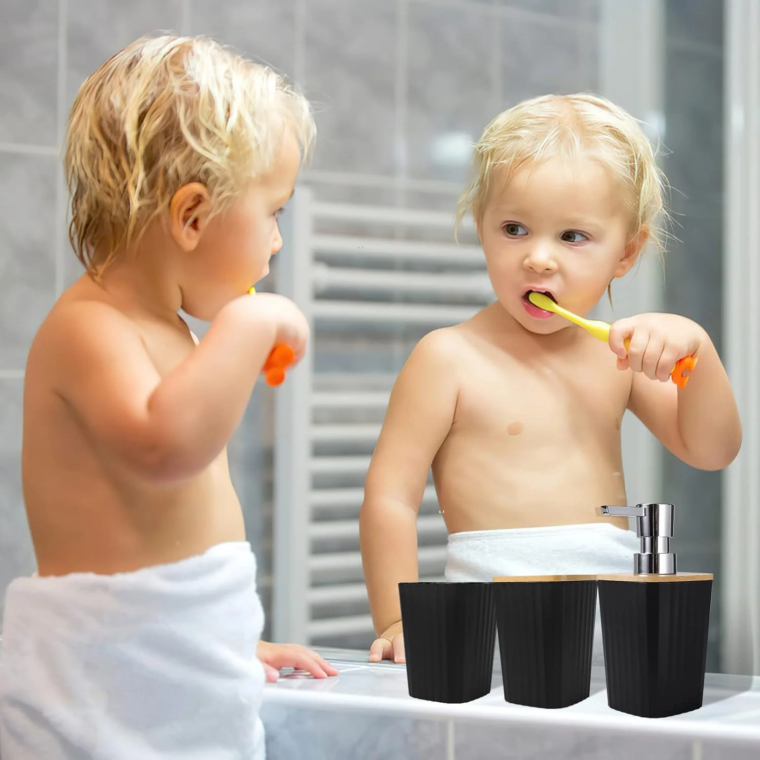 ست لوازم جانبی حمام 9 تکه مشکی، ست حمام بامبو با سینی، جا مایع صابون، جا مسواکی، لیوان مسواک، جای صابون، برس توالت، سطل زباله و جا پنبه ای برای حمام/هدیه خانه نو