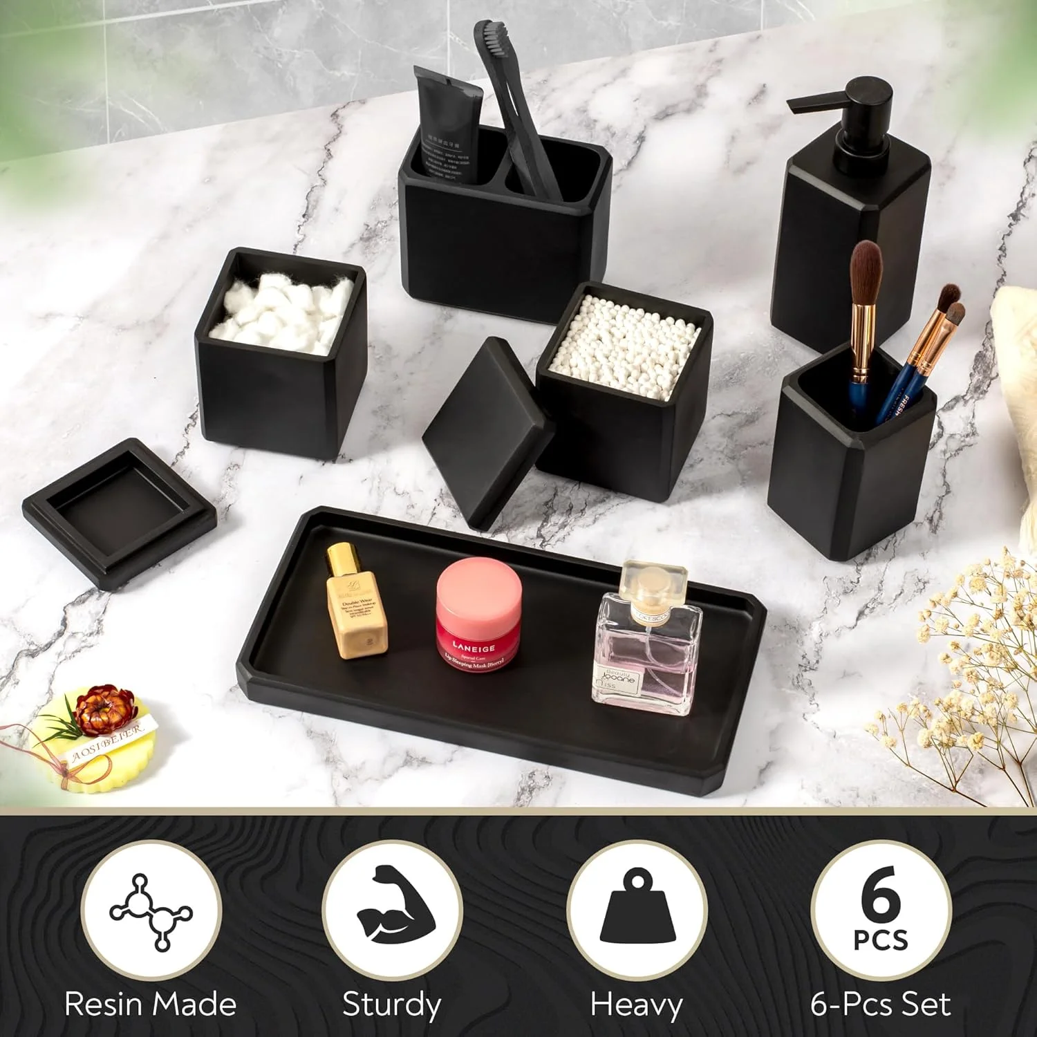 ست لوازم جانبی حمام 6 تکه مشکی مات نستس آف ایدن، شامل جا مایع دستشویی، جا مسواکی، لیوان، جا پنبه‌ای، جا پنبه توپی و سینی