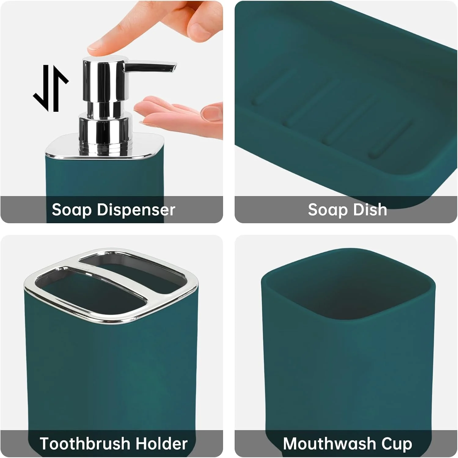 ست لوازم جانبی حمام، ست پلاستیکی مربعی 4 تکه شامل جای مایع دستشویی، جا صابونی، جا مسواکی، لیوان دهانشویه، ست دکور مدرن حمام، صرفه جویی در فضا برای حمام (زمردی)