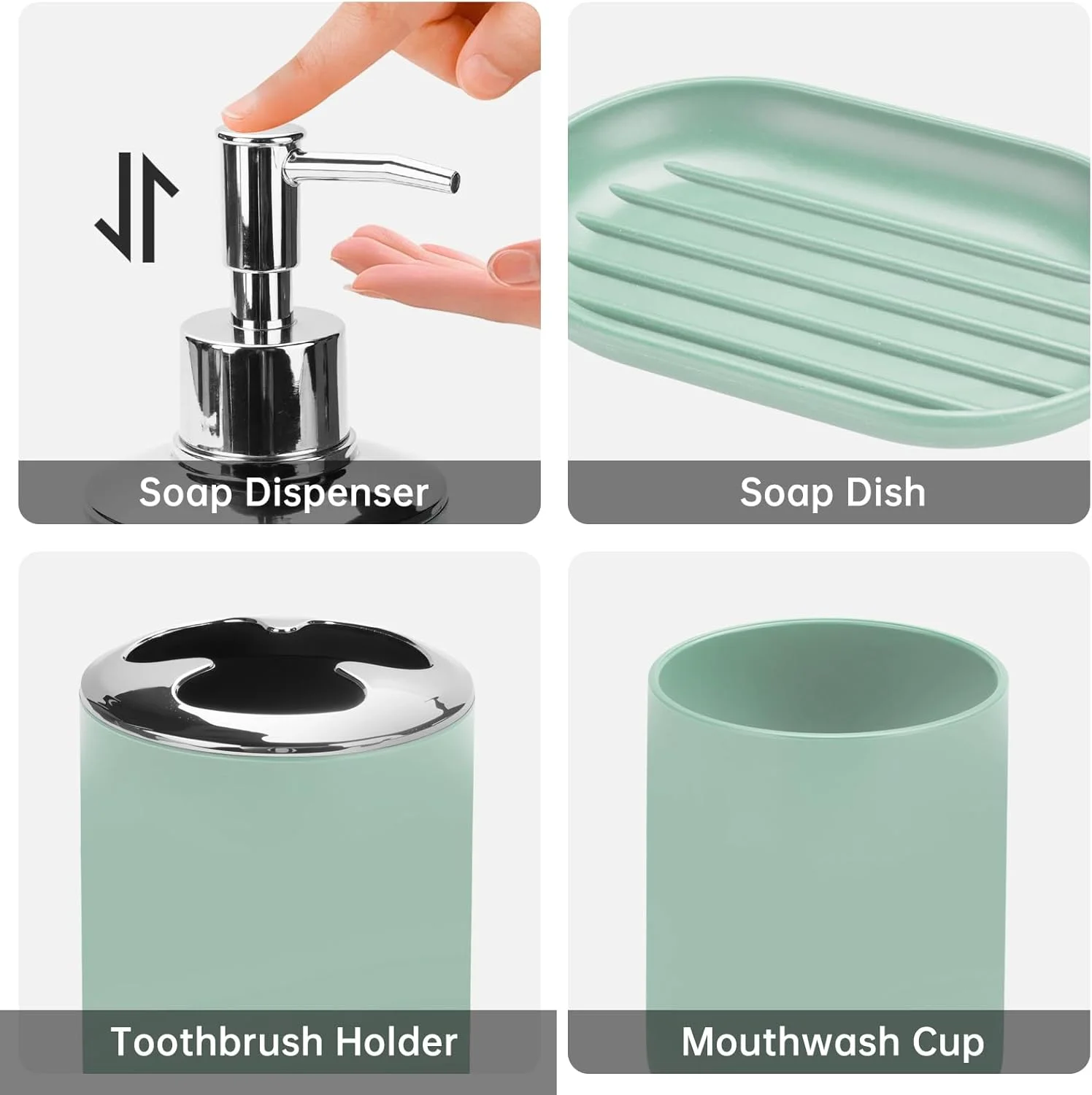 ست لوازم جانبی حمام، ست پلاستیکی 6 تکه شامل جا مایع صابون، جا صابونی، جا مسواکی، لیوان دهانشویه، برس توالت و جا برسی، سطل زباله، ست دکور مدرن حمام (سبز مات)