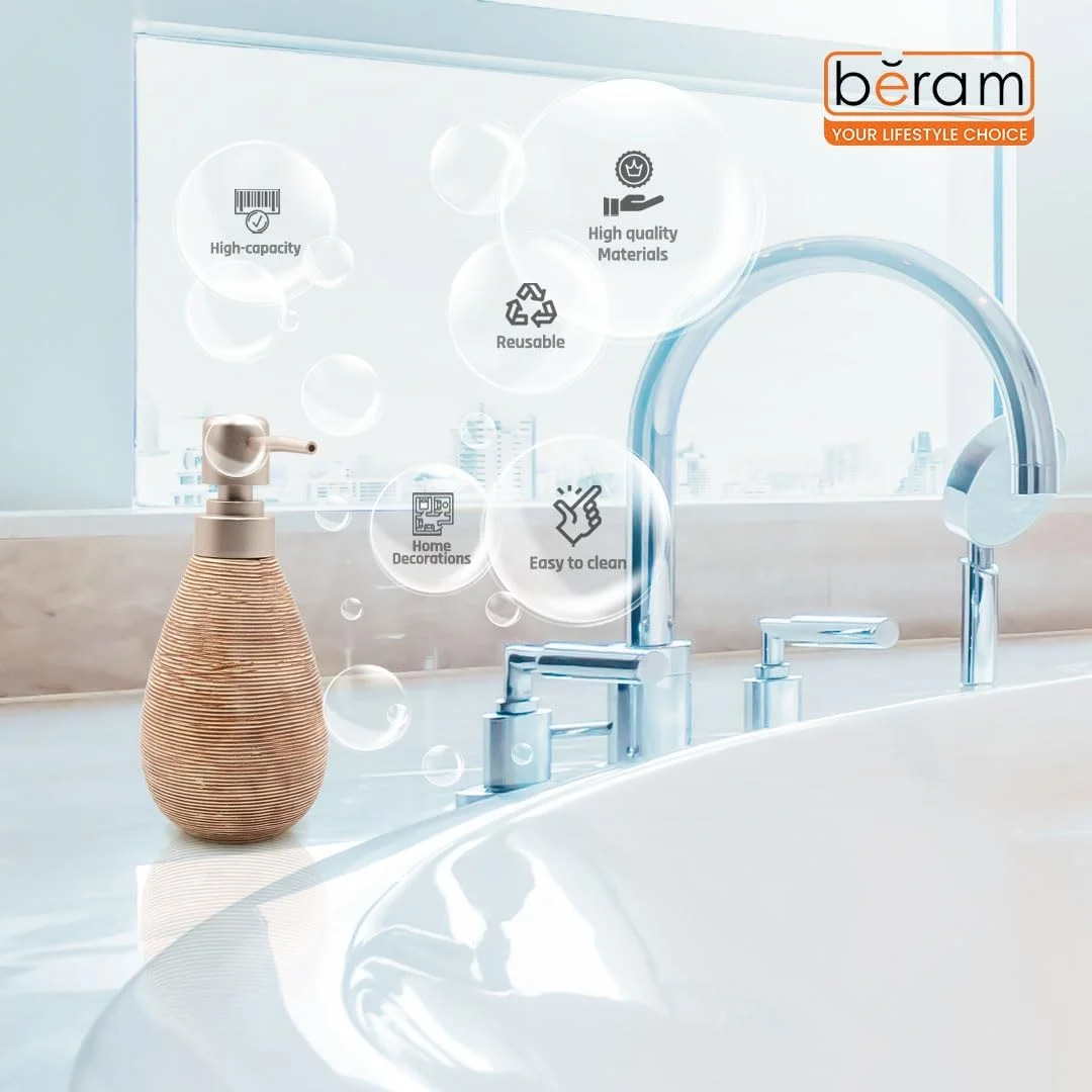 ست لوازم جانبی حمام سرامیکی 5 تکه قهوه ای با طراحی بافت دار طبیعی شامل جای مایع دستشویی، جا مسواکی، لیوان، جا چند منظوره و جا صابونی، سبک روستیک بوهو برای حمام مدرن