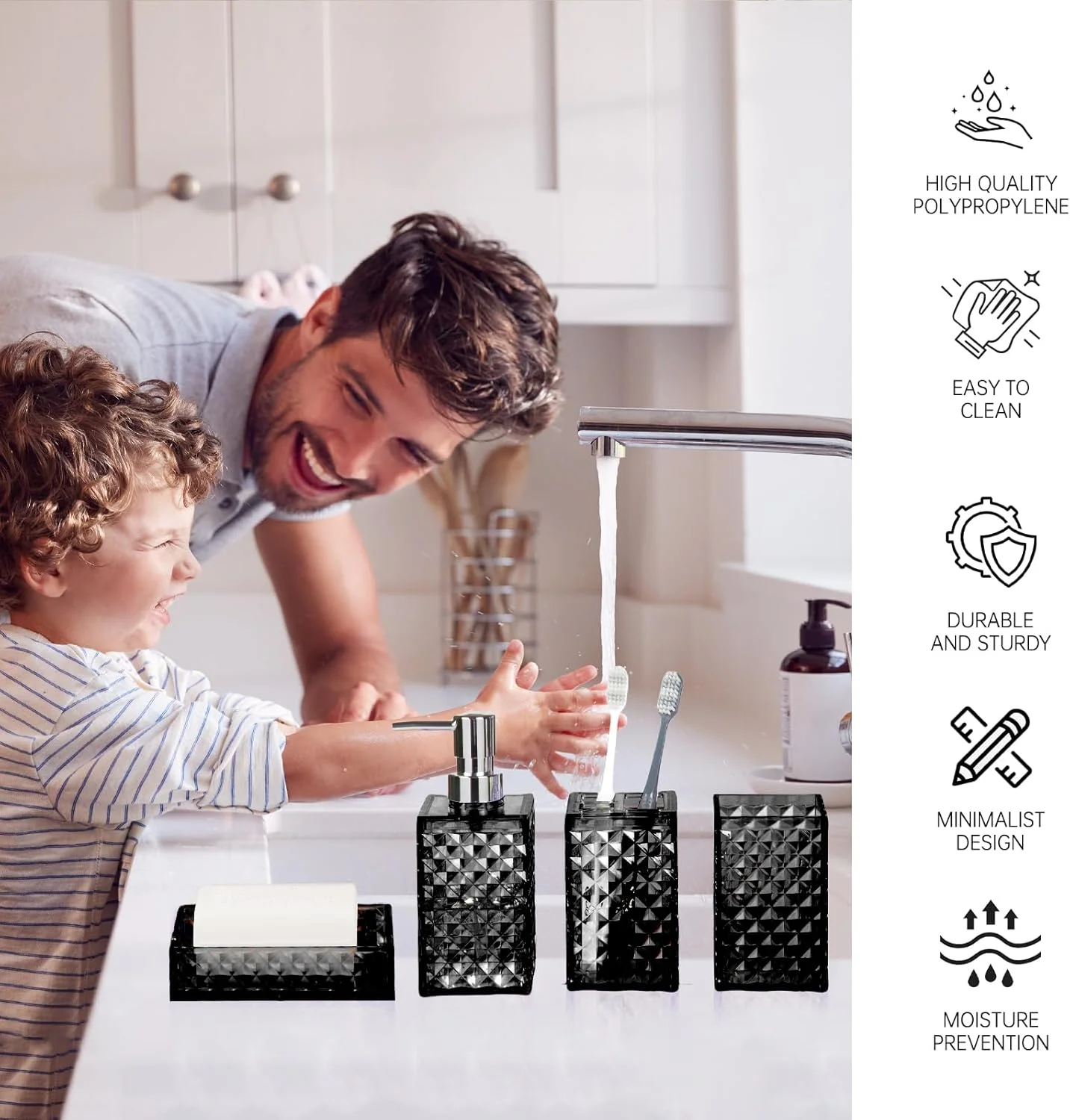 ست لوازم جانبی حمام، طرح شبکه ای، ست 4 تکه پلاستیکی شامل جای مایع دستشویی، جای صابون، جا مسواکی، لیوان دهانشویه، ست دکور مدرن حمام، صرفه جویی در فضا برای حمام (مشکی)