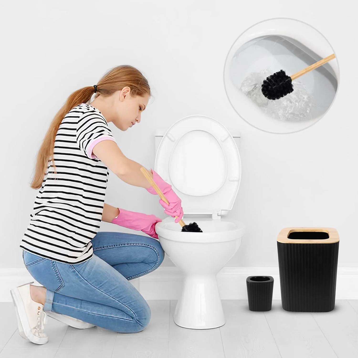 ست لوازم جانبی حمام 9 تکه مشکی، ست حمام بامبو با سینی، جا مایع صابون، جا مسواکی، لیوان مسواک، جای صابون، برس توالت، سطل زباله و جا پنبه ای برای حمام/هدیه خانه نو