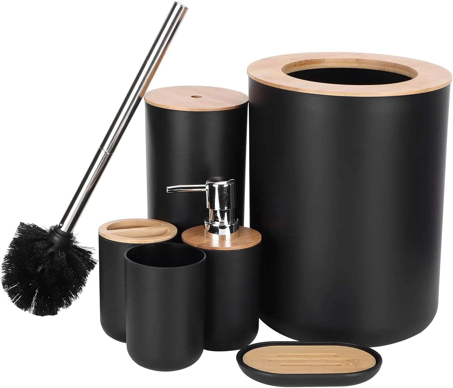 ست لوازم جانبی حمام 6 تکه، چوب بامبو + پلاستیک، شامل سطل زباله، برس توالت، جا مسواکی، جا صابونی، بطری پمپ دار و لیوان، مشکی