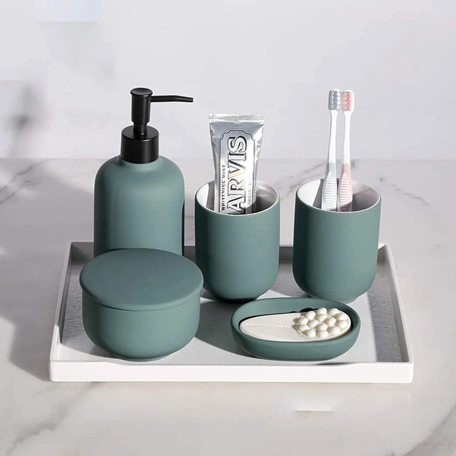 ست لوازم جانبی سرامیکی 6 تکه برای حمام، شامل جا مایع دستشویی قابل شارژ، جا مسواکی تقسیم شده، لیوان مسواک، سینی (سبز)