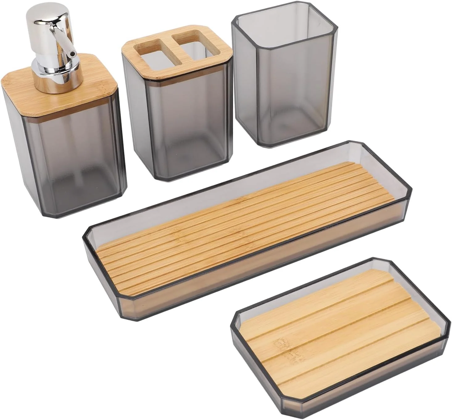 ست لوازم جانبی حمام با طراحی شیک شامل 2 عدد بطری لوسیون، 2 عدد جای صابون، 2 عدد سینی، 1 عدد لیوان دهانشویه، 1 عدد لیوان مسواک، ست لوازم جانبی حمام براق و تمیز شونده آسان