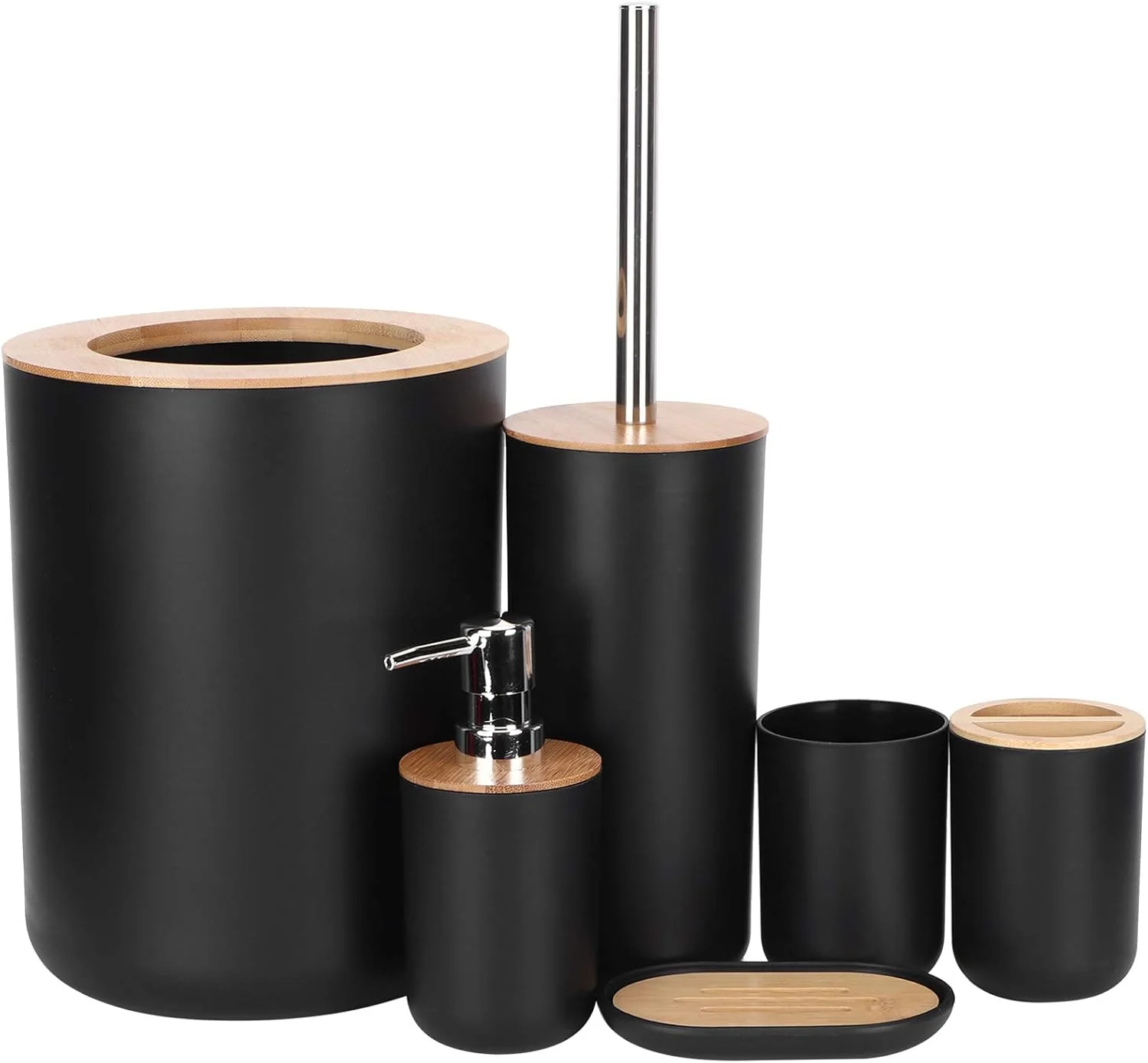 ست لوازم جانبی حمام 6 تکه، چوب بامبو + پلاستیک، شامل سطل زباله، برس توالت، جا مسواکی، جا صابونی، بطری پمپ دار و لیوان، مشکی