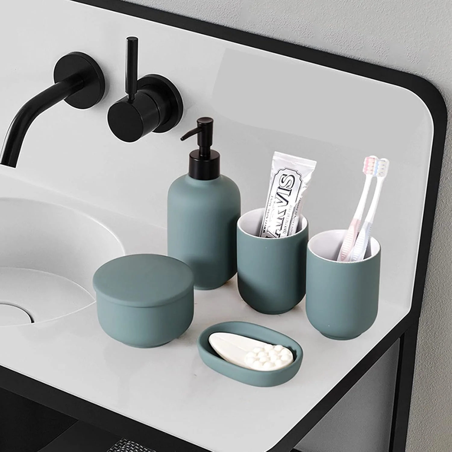 ست لوازم جانبی سرامیکی 6 تکه برای حمام، شامل جا مایع دستشویی قابل شارژ، جا مسواکی تقسیم شده، لیوان مسواک، سینی (سبز)