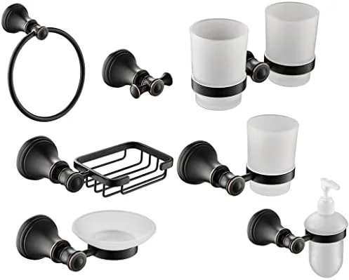 ست لوازم جانبی حمام، حلقه حوله، آویز لباس، جا دستمال توالت، برس توالت، جا صابونی، نگهدارنده سشوار دیواری (دوبل تی)