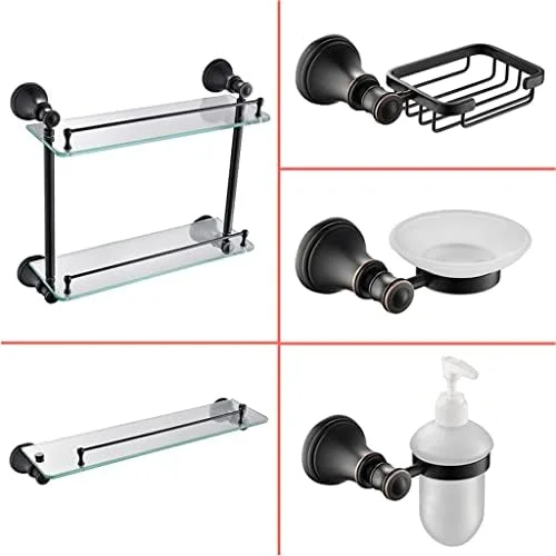 ست لوازم جانبی حمام، حلقه حوله، آویز لباس، جا دستمال کاغذی، برس توالت، جا صابونی، نگهدارنده سشوار، نصب شده روی دیوار