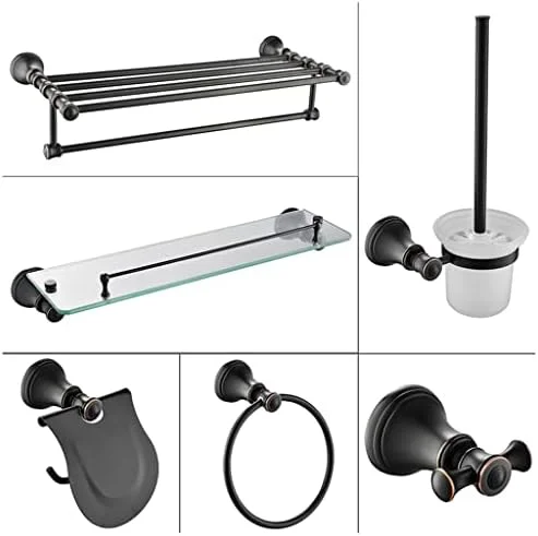 ست لوازم جانبی حمام، حلقه حوله، آویز لباس، جا دستمال کاغذی توالت، برس توالت، جا صابونی، نگهدارنده سشوار نصب شده روی دیوار