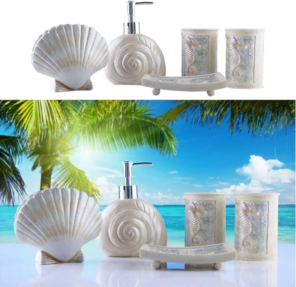 ست لوازم جانبی حمام 5 تکه با طرح صدف ساحلی شامل جای مایع دستشویی، جا صابونی، لیوان، جا مسواکی - ست رزین پلی استر عاجی رنگ مناسب منزل، اداره، هتل های لوکس