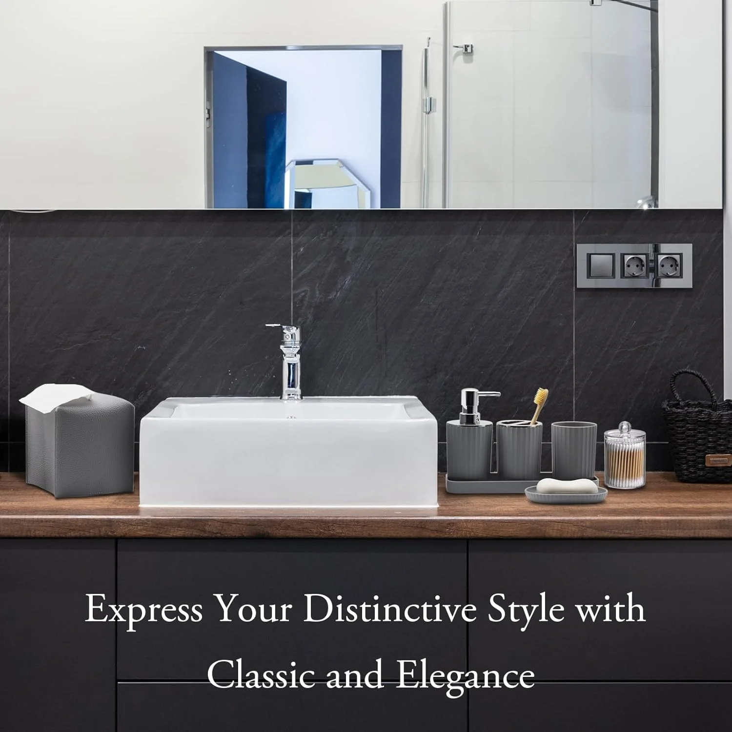 ست لوازم جانبی حمام - ست 10 تکه لوازم جانبی حمام خاکستری با سطل زباله، جا مسواکی و لیوان، جا مایع صابون، جا صابونی، جا برس توالت، سینی روشویی، جا گوش پاک کن، جعبه دستمال کاغذی ست لوازم جانبی حمام - ست 10 تکه لوازم جانبی حمام خاکستری با سطل زباله، جا مسواکی و لیوان، جا مایع صابون، جا صابونی، جا برس توالت، سینی روشویی، جا گوش پاک کن، جعبه دستمال کاغذی