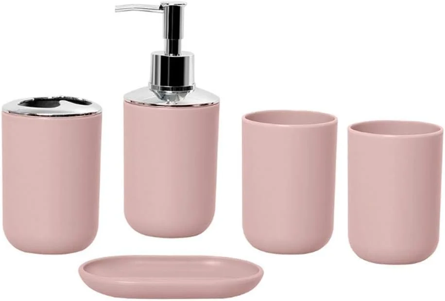 ست لوازم جانبی حمام ۵ تکه صورتی شامل لیوان مسواک، بطری لوسیون، جا مسواکی و جا صابونی، ست لوازم جانبی شیک حمام از جنس پلاستیک