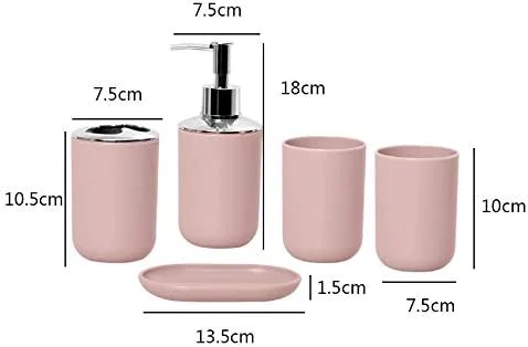 ست لوازم جانبی حمام ۵ تکه صورتی شامل لیوان مسواک، بطری لوسیون، جا مسواکی و جا صابونی، ست لوازم جانبی شیک حمام از جنس پلاستیک