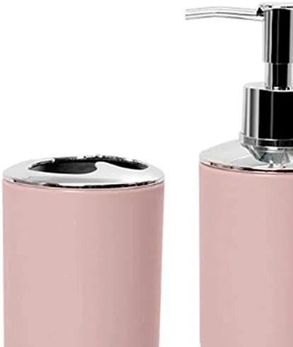 ست لوازم جانبی حمام ۵ تکه صورتی شامل لیوان مسواک، بطری لوسیون، جا مسواکی و جا صابونی، ست لوازم جانبی شیک حمام از جنس پلاستیک